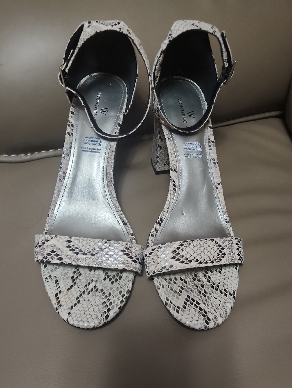 Worthington Beige Snake-Print Ankle-Strap Heels